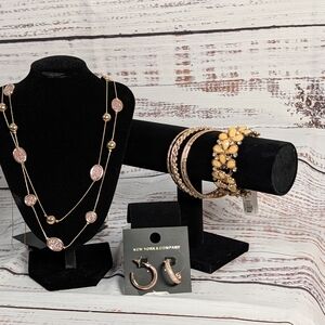 New York & Company Rose Gold Necklace, Earrings, And Bracelet